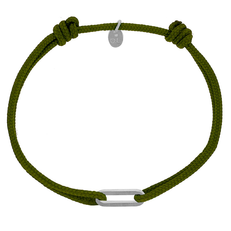 Bracelet réglable cordon kaki, anneau Figaro taille S en argent 925/1000 rhodié