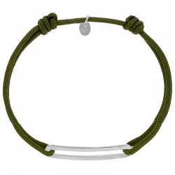 Bracelet réglable cordon kaki, anneau Figaro taille XL en argent 925/1000 rhodié