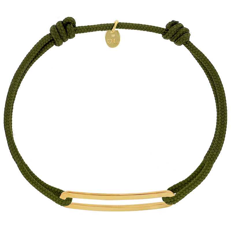 Bracelet réglable cordon kaki, anneau Figaro taille XL en argent 925/1000 rhodié