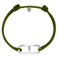 Bracelet réglable cordon kaki, anneau Gaby taille L en argent 925/1000 rhodié