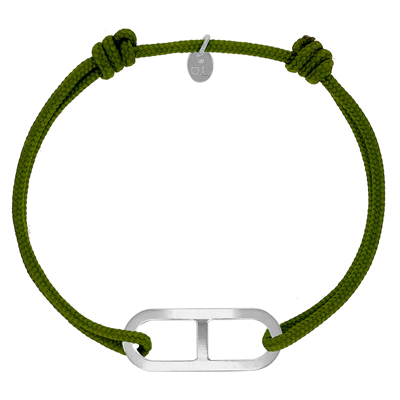 Bracelet réglable cordon kaki, anneau Gaby taille L en argent 925/1000 rhodié