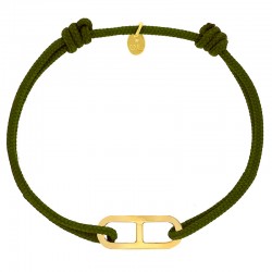 Bracelet réglable cordon kaki, anneau Gaby taille M en argent 925/1000 rhodié