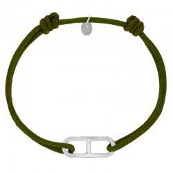 Bracelet réglable cordon kaki, anneau Gaby taille M en argent 925/1000 rhodié