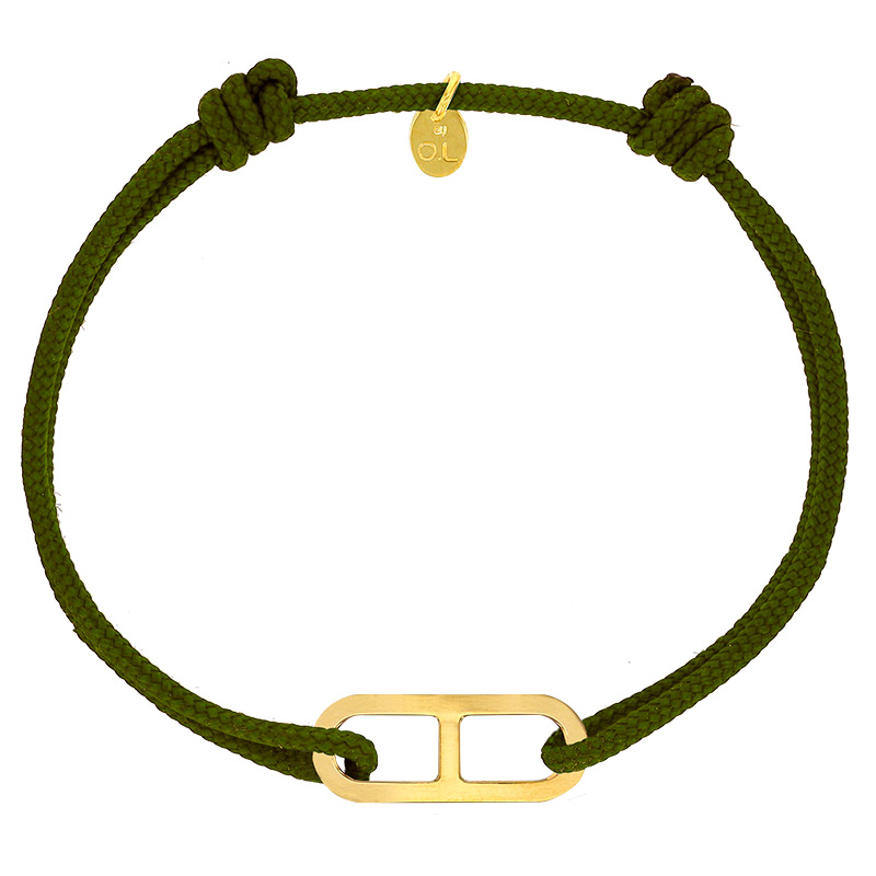 Bracelet réglable cordon kaki, anneau Gaby taille M en argent 925/1000 rhodié