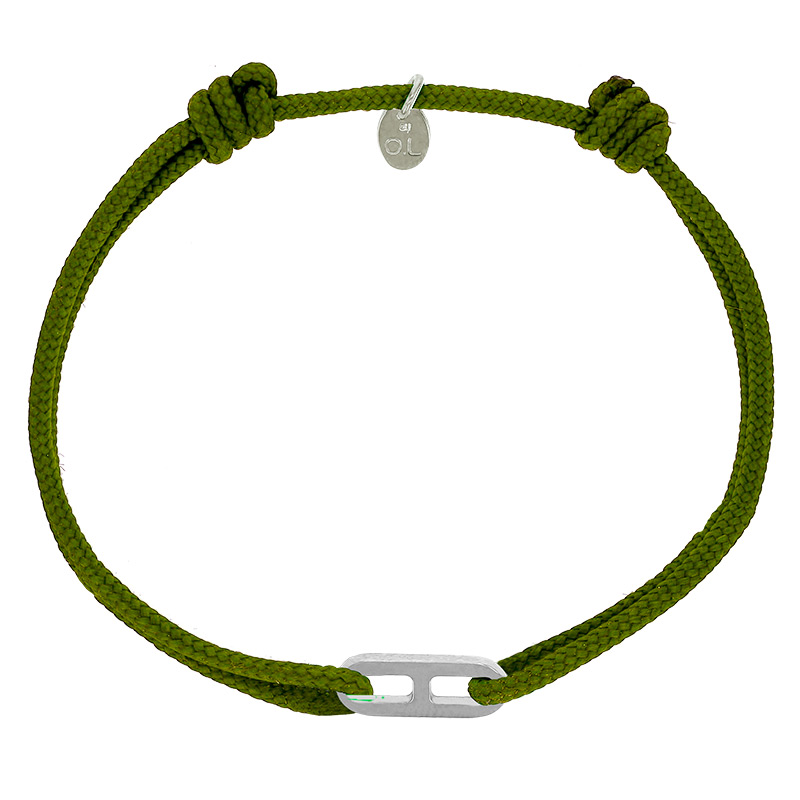 Bracelet réglable cordon kaki, anneau Gaby taille S en argent 925/1000 rhodié