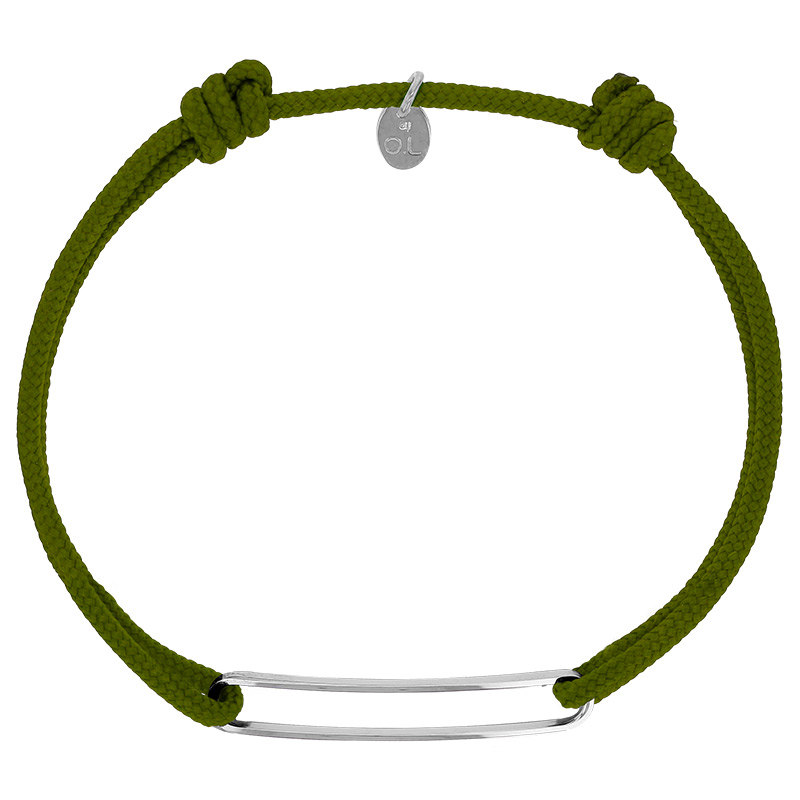 Bracelet réglable cordon kaki, anneau Harper en argent 925/1000 rhodié