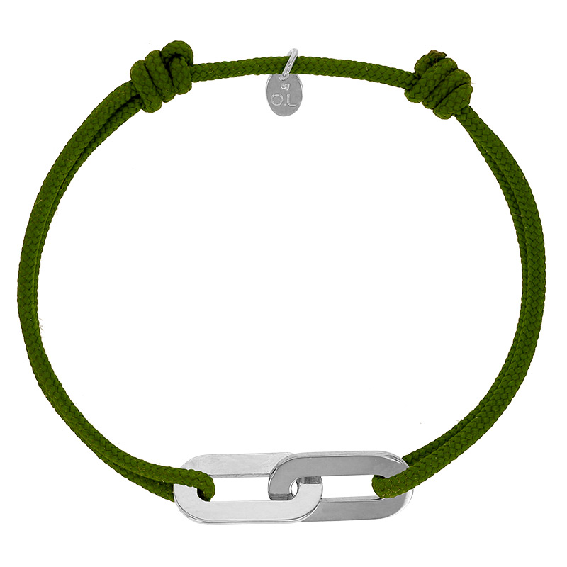 Bracelet réglable cordon kaki, anneau Jean-Jean en argent 925/1000 rhodié