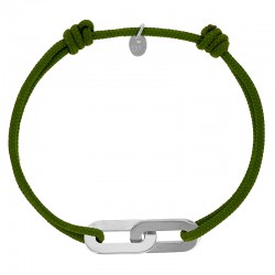 Bracelet réglable cordon kaki, anneau Jean-Jean en argent 925/1000 rhodié