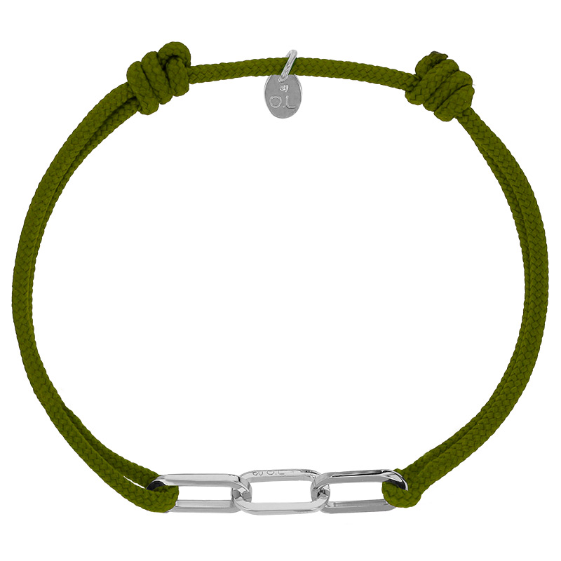Bracelet réglable cordon kaki, anneau Jody en argent 925/1000 rhodié