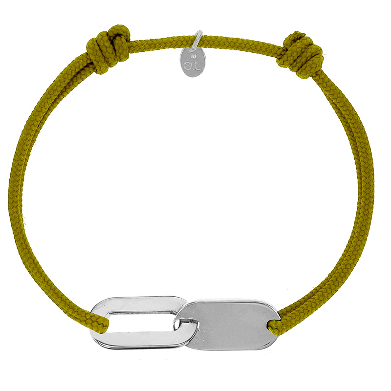 Bracelet réglable cordon kaki, anneau Loulou en argent 925/1000 rhodié