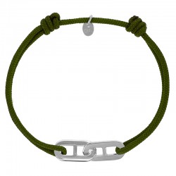 Bracelet réglable cordon kaki, anneau Mymy en argent 925/1000 rhodié