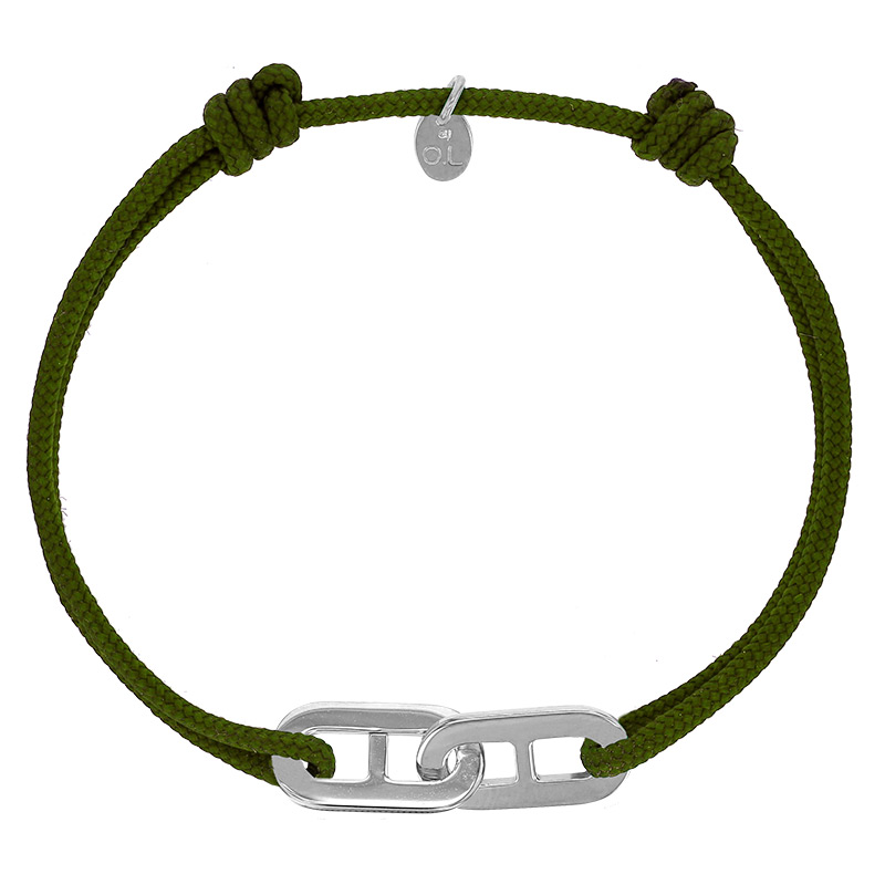 Bracelet réglable cordon kaki, anneau Mymy en argent 925/1000 rhodié