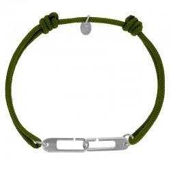 Bracelet réglable cordon kaki, anneau Osmose taille L en argent 925/1000 rhodié