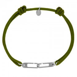 Bracelet réglable cordon kaki, anneau Osmose taille M en argent 925/1000 rhodié