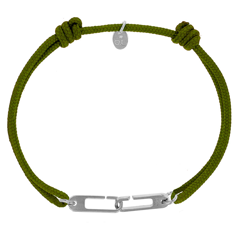 Bracelet réglable cordon kaki, anneau Osmose taille M en argent 925/1000 rhodié