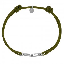 Bracelet réglable cordon kaki, anneau Osmose taille S en argent 925/1000 rhodié