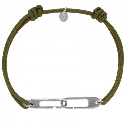 Bracelet réglable cordon kaki, anneau Osmose taille XL en argent 925/1000 rhodié