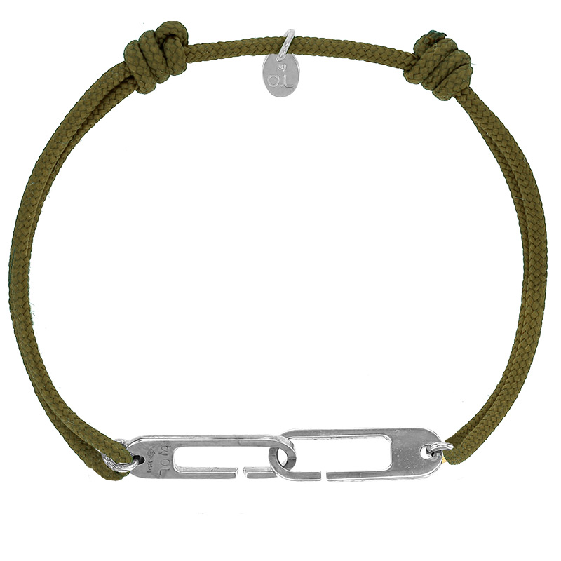 Bracelet réglable cordon kaki, anneau Osmose taille XL en argent 925/1000 rhodié