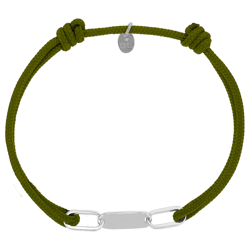 Bracelet réglable cordon kaki, anneau Sacha en argent 925/1000 rhodié
