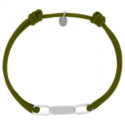 Bracelet réglable cordon kaki, anneau Sacha en argent 925/1000 rhodié