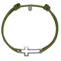 Bracelet réglable cordon kaki, anneau St James en argent 925/1000 rhodié