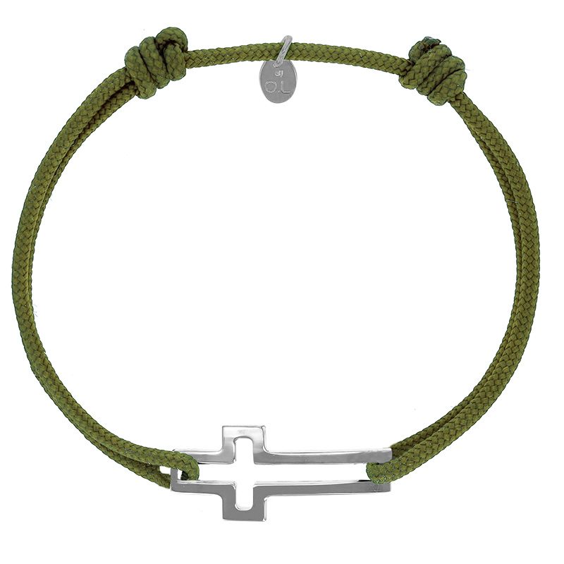 Bracelet réglable cordon kaki, anneau St James en argent 925/1000 rhodié