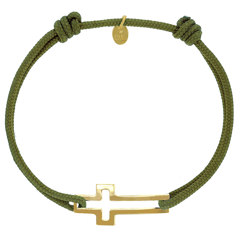 Bracelet réglable cordon kaki, anneau St James en argent 925/1000 rhodié