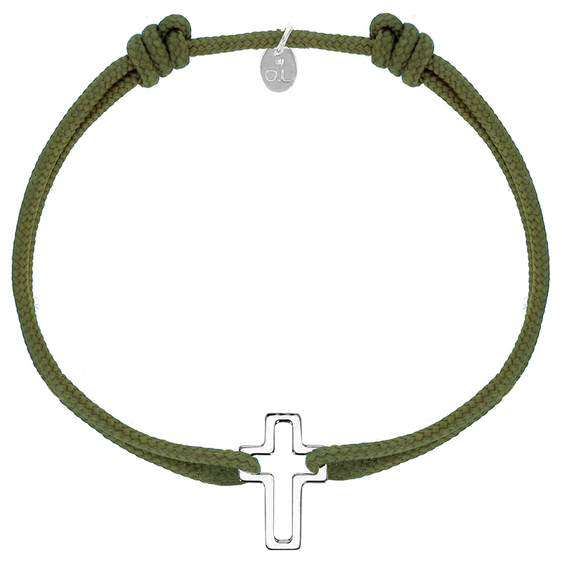 Bracelet réglable cordon kaki, anneau St John en argent 925/1000 rhodié