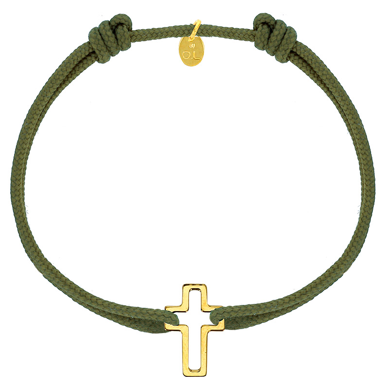 Bracelet réglable cordon kaki, anneau St John en argent 925/1000 rhodié