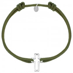 Bracelet réglable cordon kaki, anneau St John en argent 925/1000 rhodié