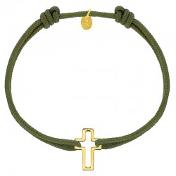 Bracelet réglable cordon kaki, anneau St John en argent 925/1000 rhodié