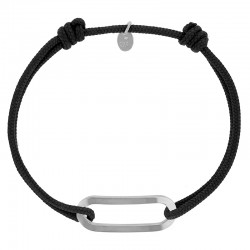 Bracelet réglable cordon noir, anneau Figaro taille L en argent 925/1000 rhodié