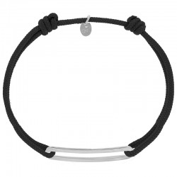 Bracelet réglable cordon noir, anneau Figaro taille XL en argent 925/1000 rhodié