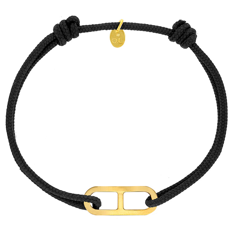 Bracelet réglable cordon noir, anneau Gaby taille M en argent 925/1000 rhodié