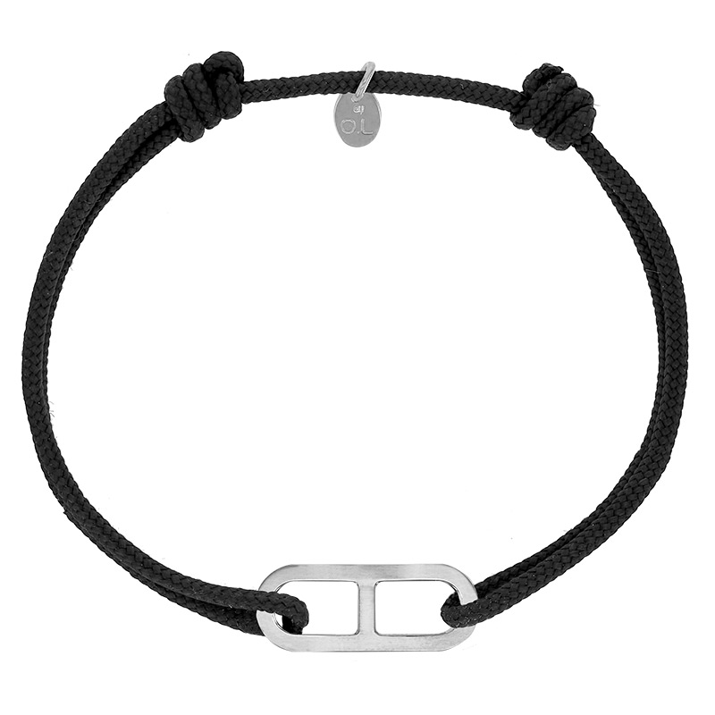 Bracelet réglable cordon noir, anneau Gaby taille M en argent 925/1000 rhodié
