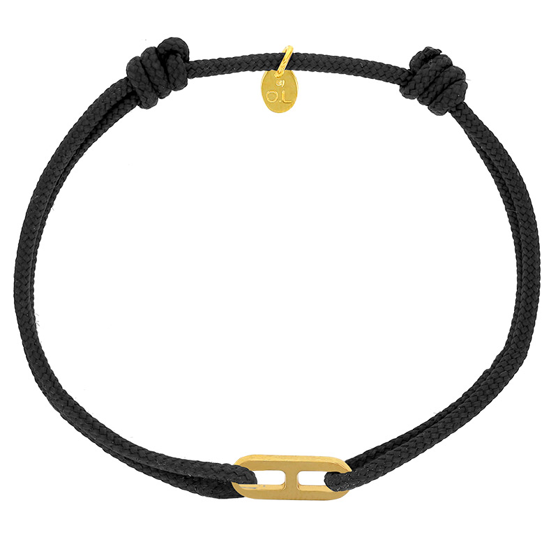 Bracelet réglable cordon noir, anneau Gaby taille S en argent 925/1000 rhodié