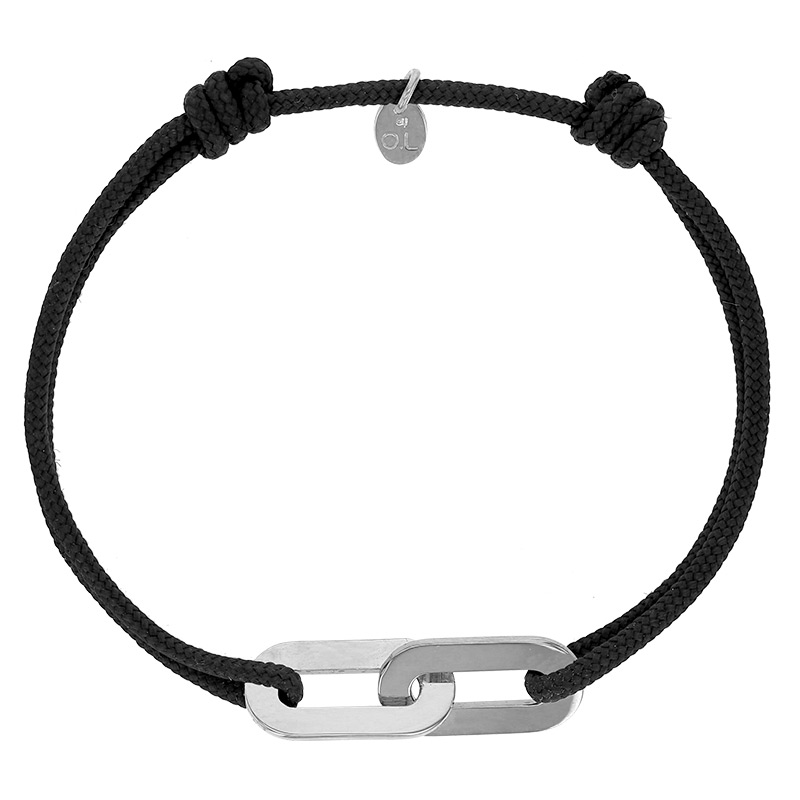 Bracelet réglable cordon noir, anneau Jean-Jean en argent 925/1000 rhodié