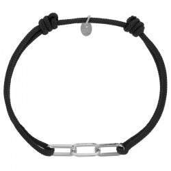 Bracelet réglable cordon noir, anneau Jody en argent 925/1000 rhodié