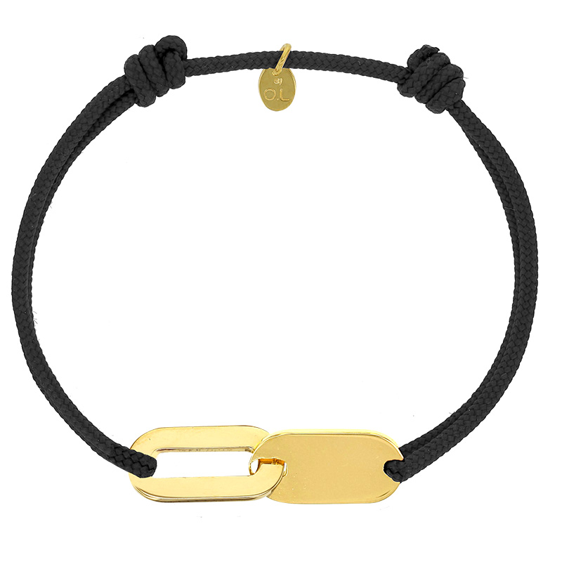 Bracelet réglable cordon noir, anneau Loulou en argent 925/1000 rhodié