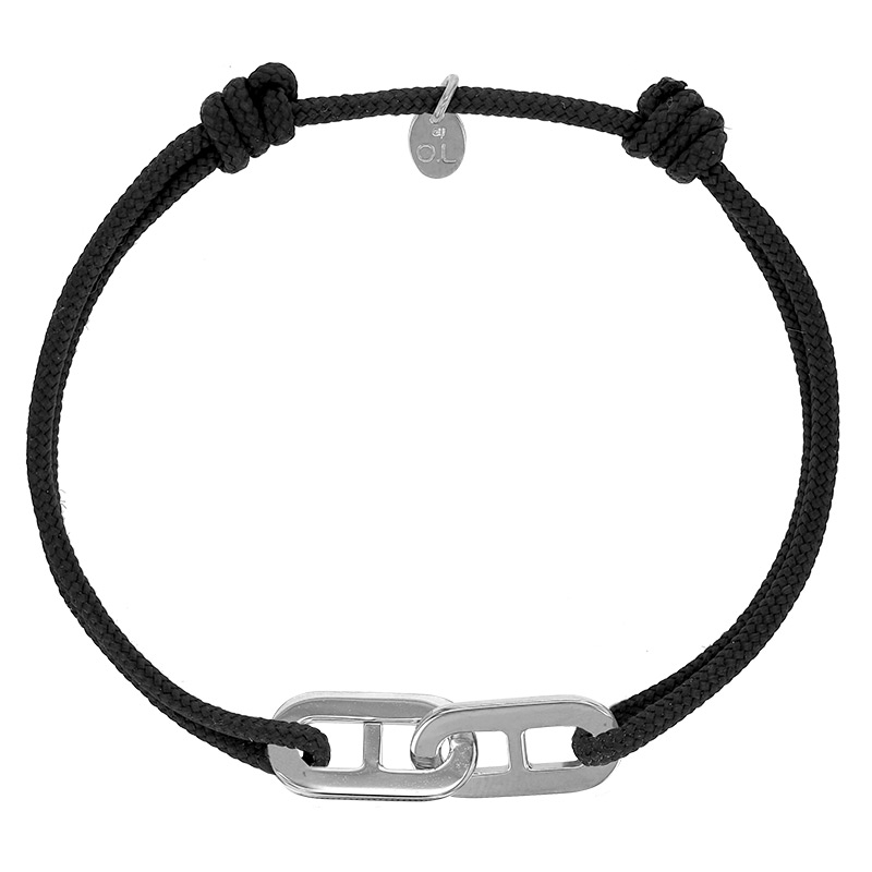 Bracelet réglable cordon noir, anneau Mymy en argent 925/1000 rhodié