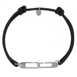 Bracelet réglable cordon noir, anneau Osmose taille L en argent 925/1000 rhodié