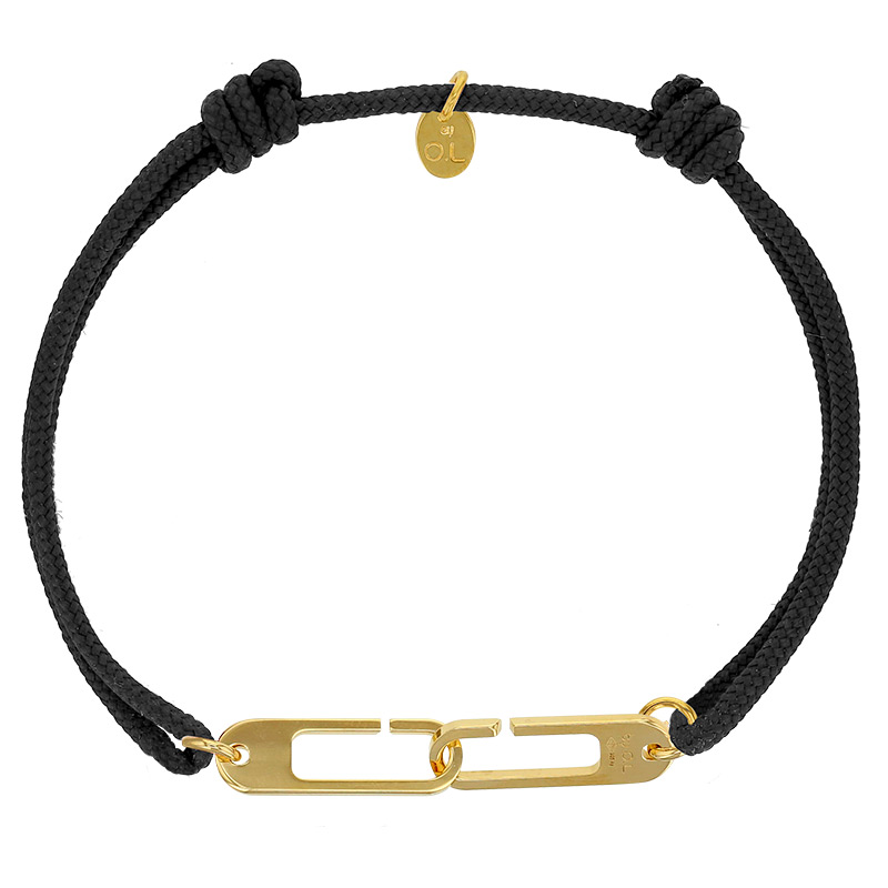 Bracelet réglable cordon noir, anneau Osmose taille L en argent 925/1000 rhodié