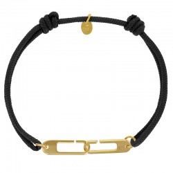 Bracelet réglable cordon noir, anneau Osmose taille L en argent 925/1000 rhodié