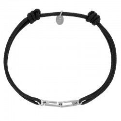 Bracelet réglable cordon noir, anneau Osmose taille S en argent 925/1000 rhodié
