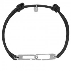 Bracelet réglable cordon noir, anneau Osmose taille XL en argent 925/1000 rhodié