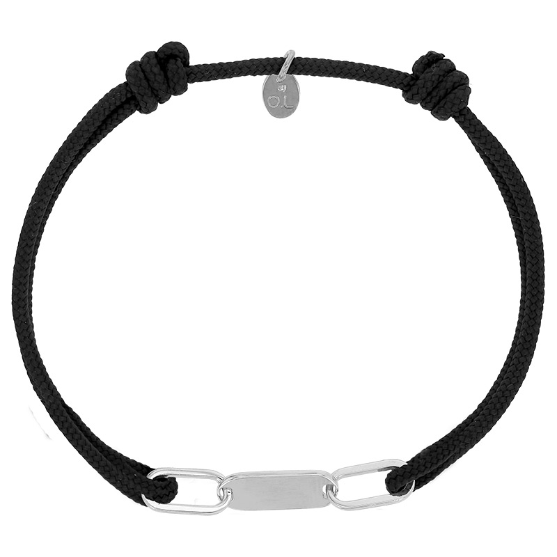 Bracelet réglable cordon noir, anneau Sacha en argent 925/1000 rhodié