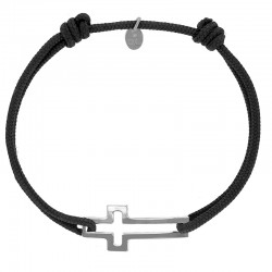 Bracelet réglable cordon noir, anneau St James en argent 925/1000 rhodié