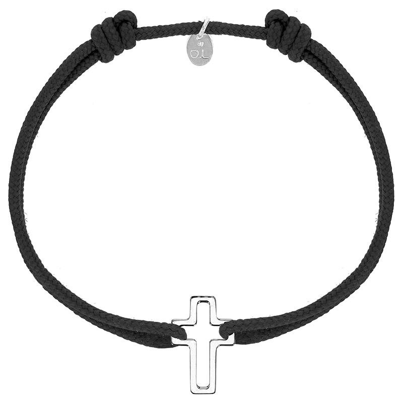 Bracelet réglable cordon noir, anneau St John en argent 925/1000 rhodié