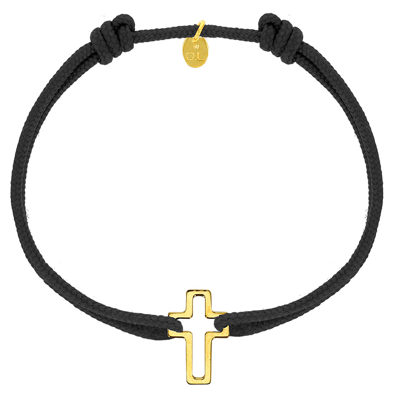 Bracelet réglable cordon noir, anneau St John en argent 925/1000 rhodié