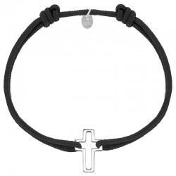 Bracelet réglable cordon noir, anneau St John en argent 925/1000 rhodié